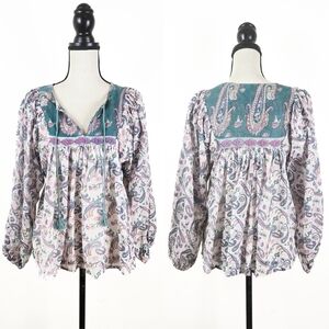 NWT Blue Boheme Joan Cotton Floral Blouse, Teal